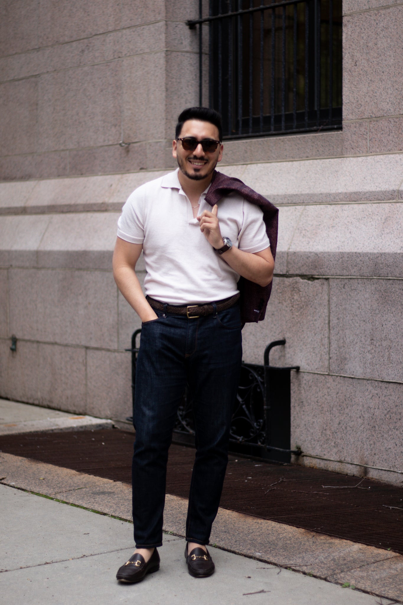 tan polo with denim and sportcoat